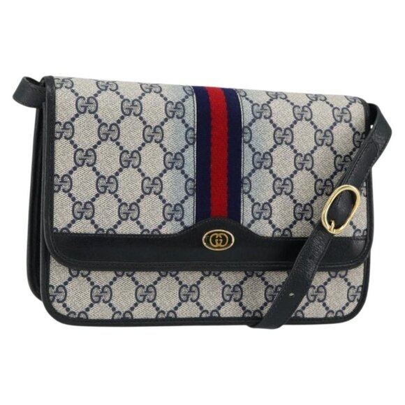 Authentic GUCCI GG Supreme Sherry Line Shoulder Bag PVC Navy Gold Red